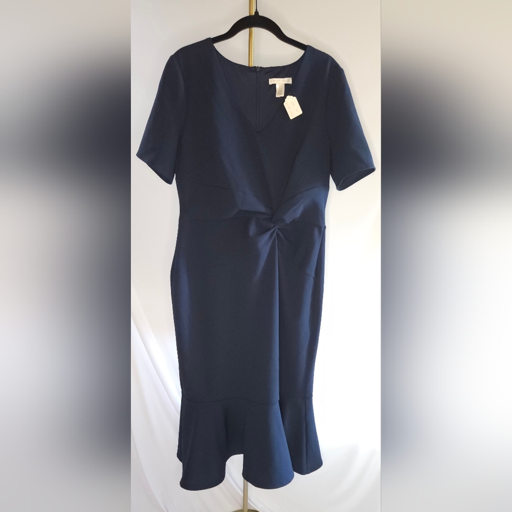 London Times Navy V-Neck Twist-Waist Flounce Hem Midi Dress